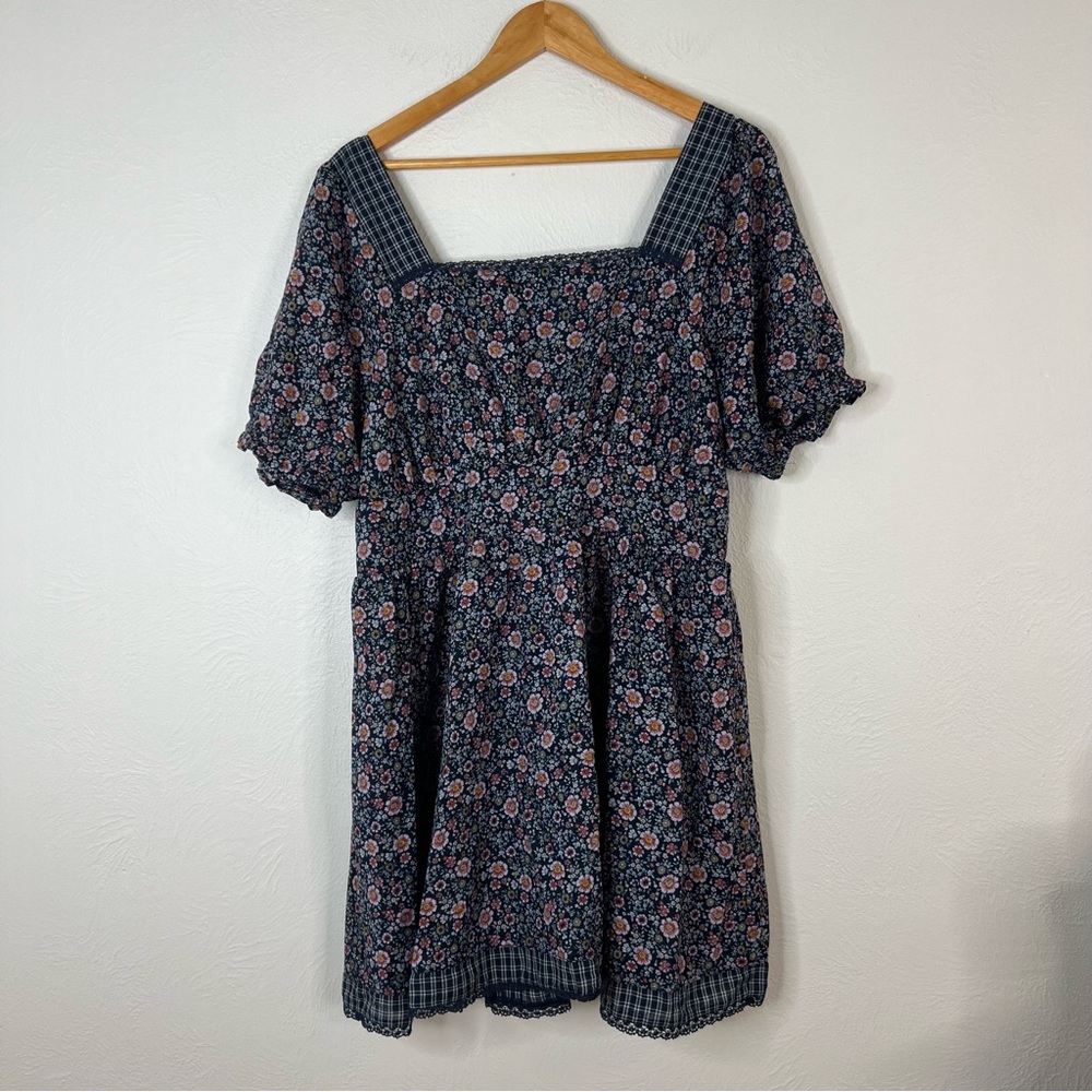 American Eagle Puff Sleeve Corset Mini Dress Blue Floral Cotton Feminine Size XL